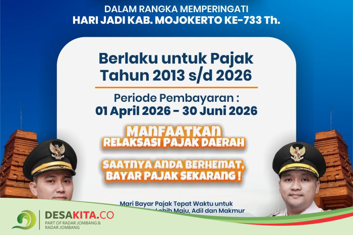Hari Jadi ke-733, Pemkab Mojokerto Beri Relaksasi Pajak Daerah, Bebaskan Denda hingga Juni 2026